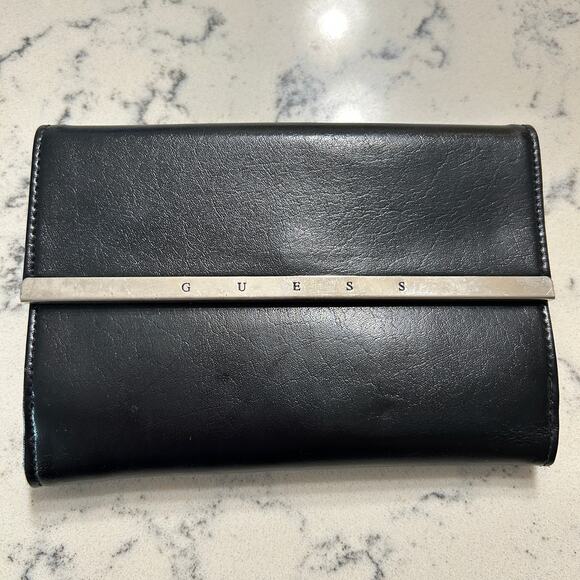 Vintage Guess Wallet Black Faux Leather Bi-fold with Snap pocket SOME WEAR - Picture 1 of 12